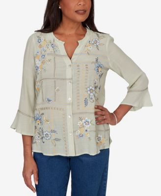 Alfred Dunner Petite Floral Embroidered Squares Button-Front Top