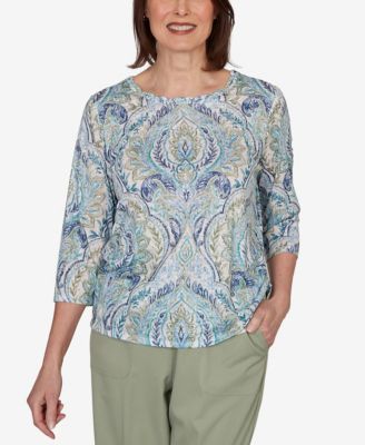 Верх Alfred Dunner Petite Indigo Girls Medallion Print Braided Neck