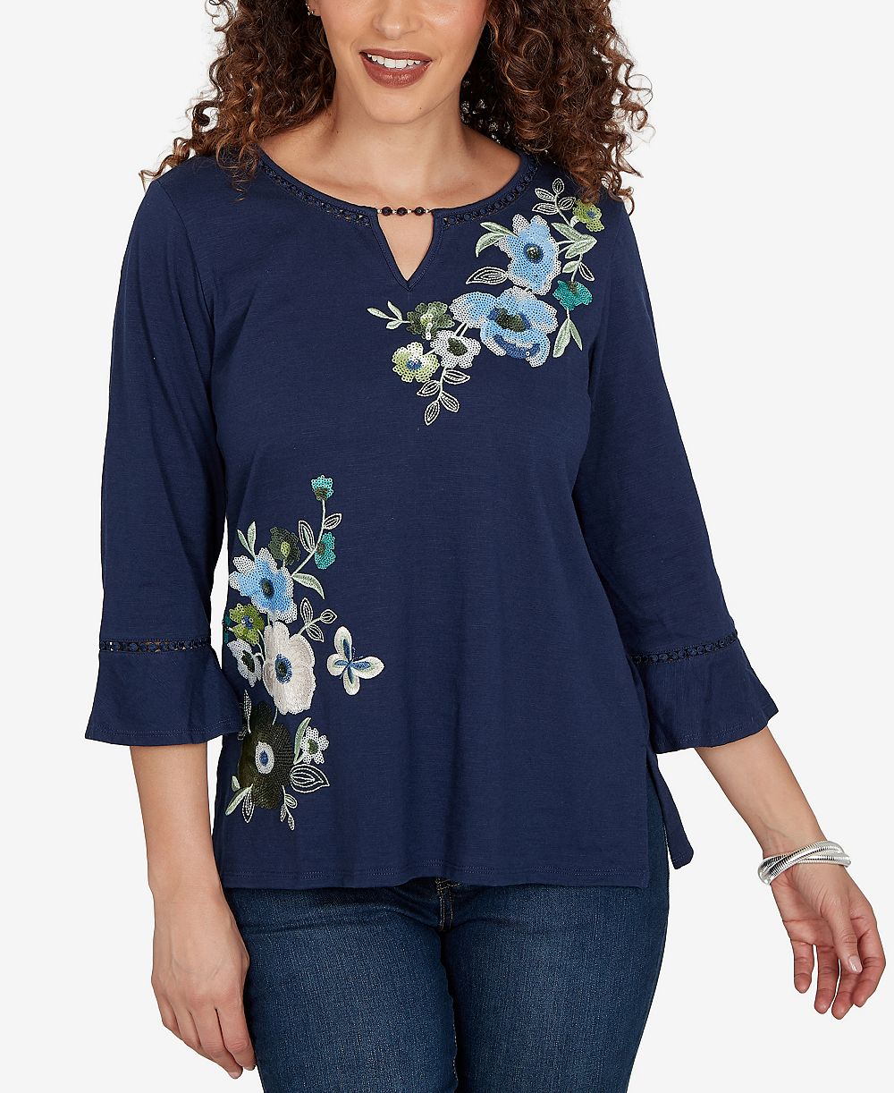 Alfred Dunner Petite Asymmetric Sequin Flowers Knit Top