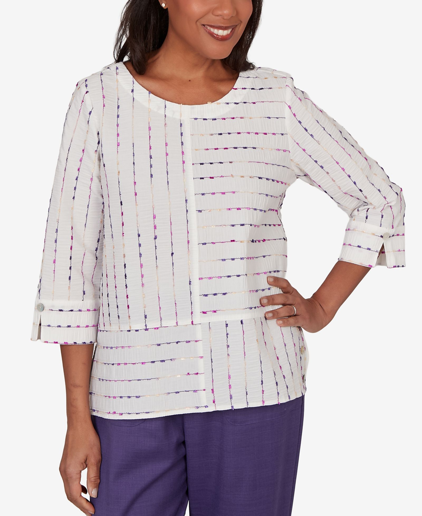 Alfred Dunner Женский топ Grand Bazaar White Textured Rainbow Stripe