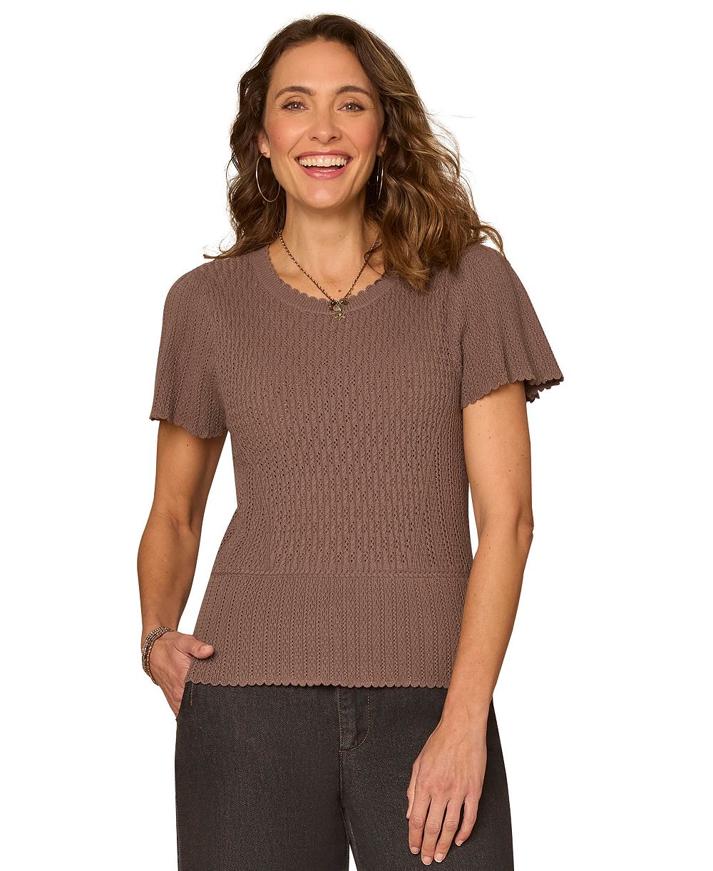 Democracy Petite Flounce Crochet Round Neck Sweater