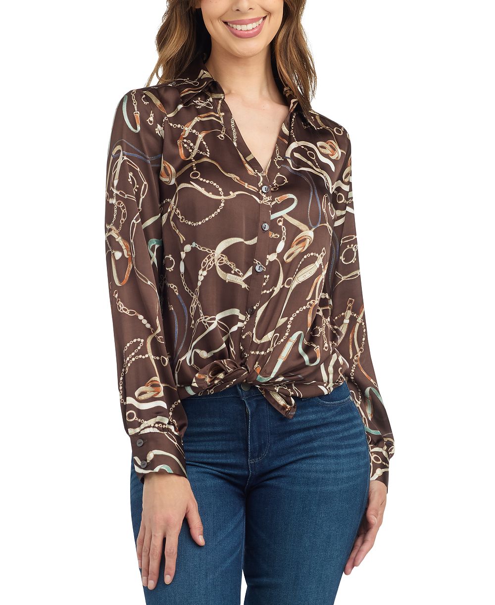 BCX Juniors' Tie-Front Long-Sleeve Stretch Satin Blouse
