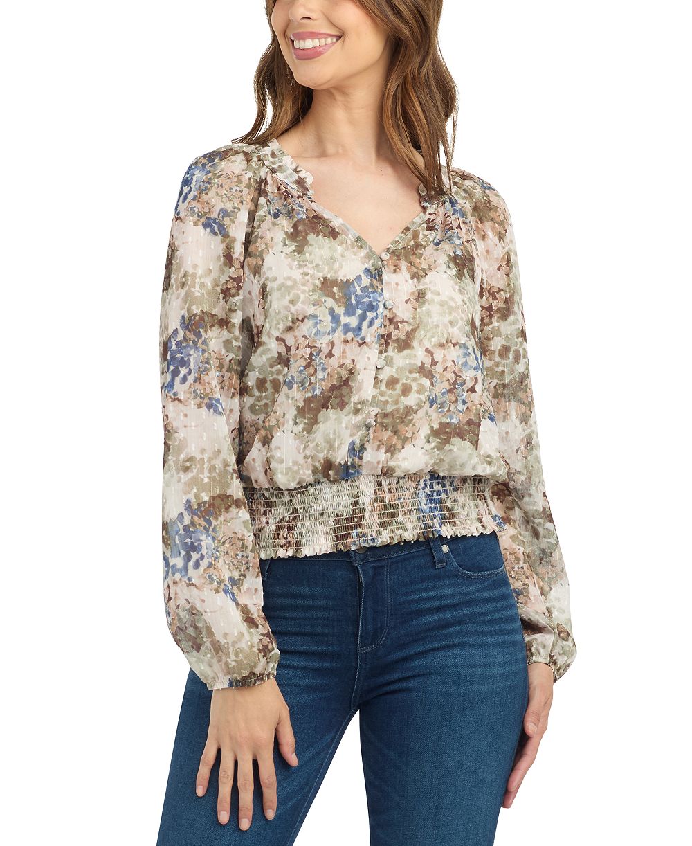 BCX Juniors' Print Sheer Long-Sleeve Blouse