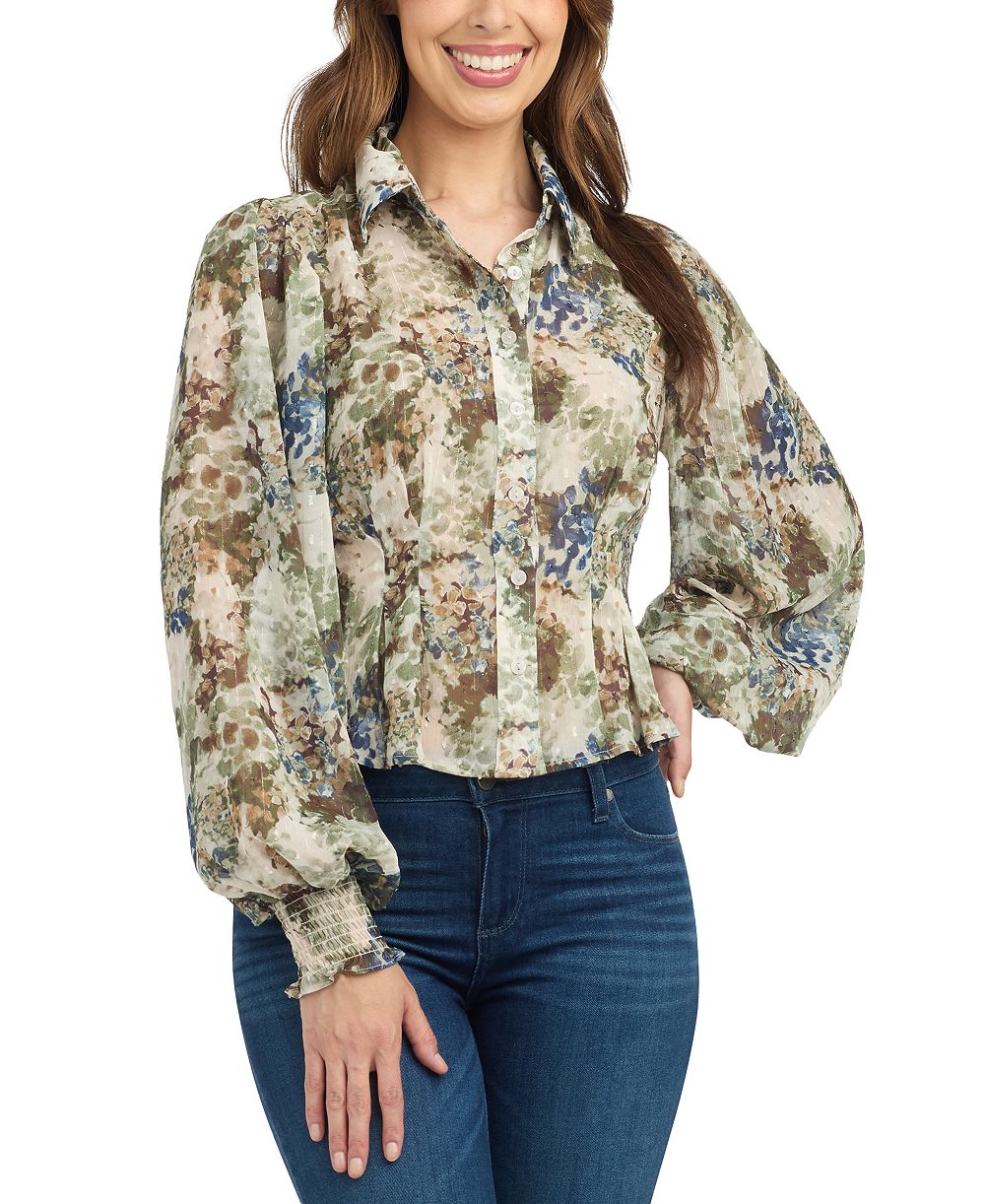 BCX Juniors' Floral-Print Sheer Long-Sleeve Blouse