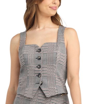 BCX Juniors' Double-Knit Plaid Square-Neck Vest