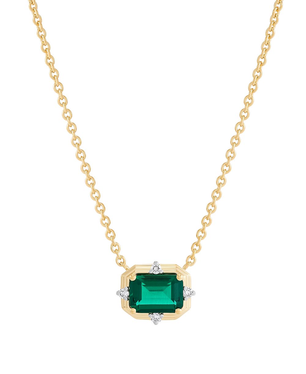 Macy's Lab-Grown Emerald (7/8 ct. t.w.) & Diamond (1/20 ct. t.w.) Pendant Necklace in 14k Yellow Gold-Plated Sterling Silver