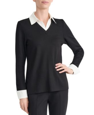 Jones New York Женская блузка Serenity с воротником и V-образным вырезом, Petite, длинный рукав