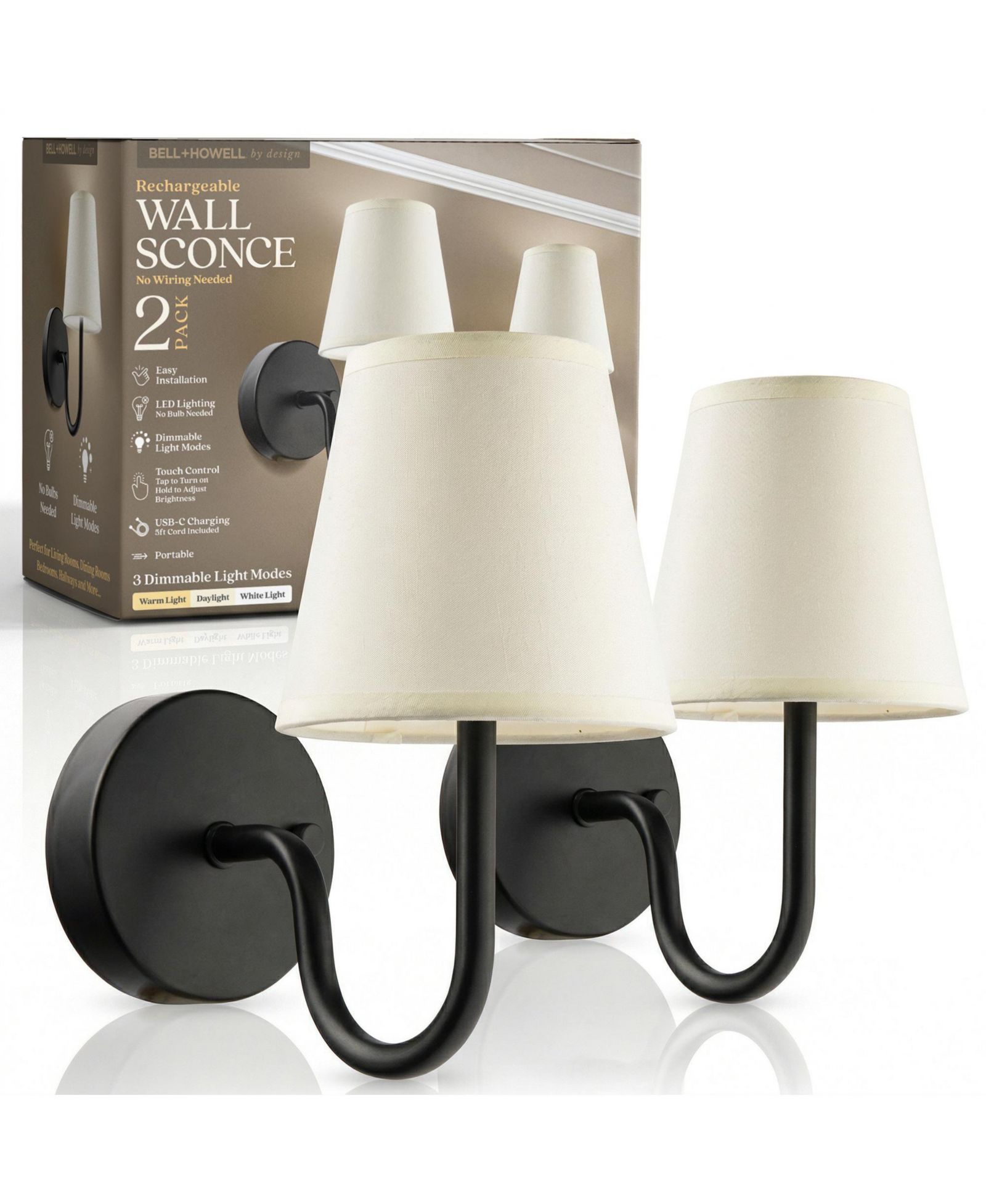 Bell + Howell Set of 2 Modern Fabric Shade Dimmable LED Rechargeable Cordless Touch Control Lights Wall Sconces
