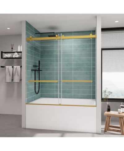 LOVMOR Frameless Bathtub Shower Doors 56-60 W x 60 H, Double Sliding Tub Shower Door with Tempered Glass 5/16"(8mm), Brushed Gold