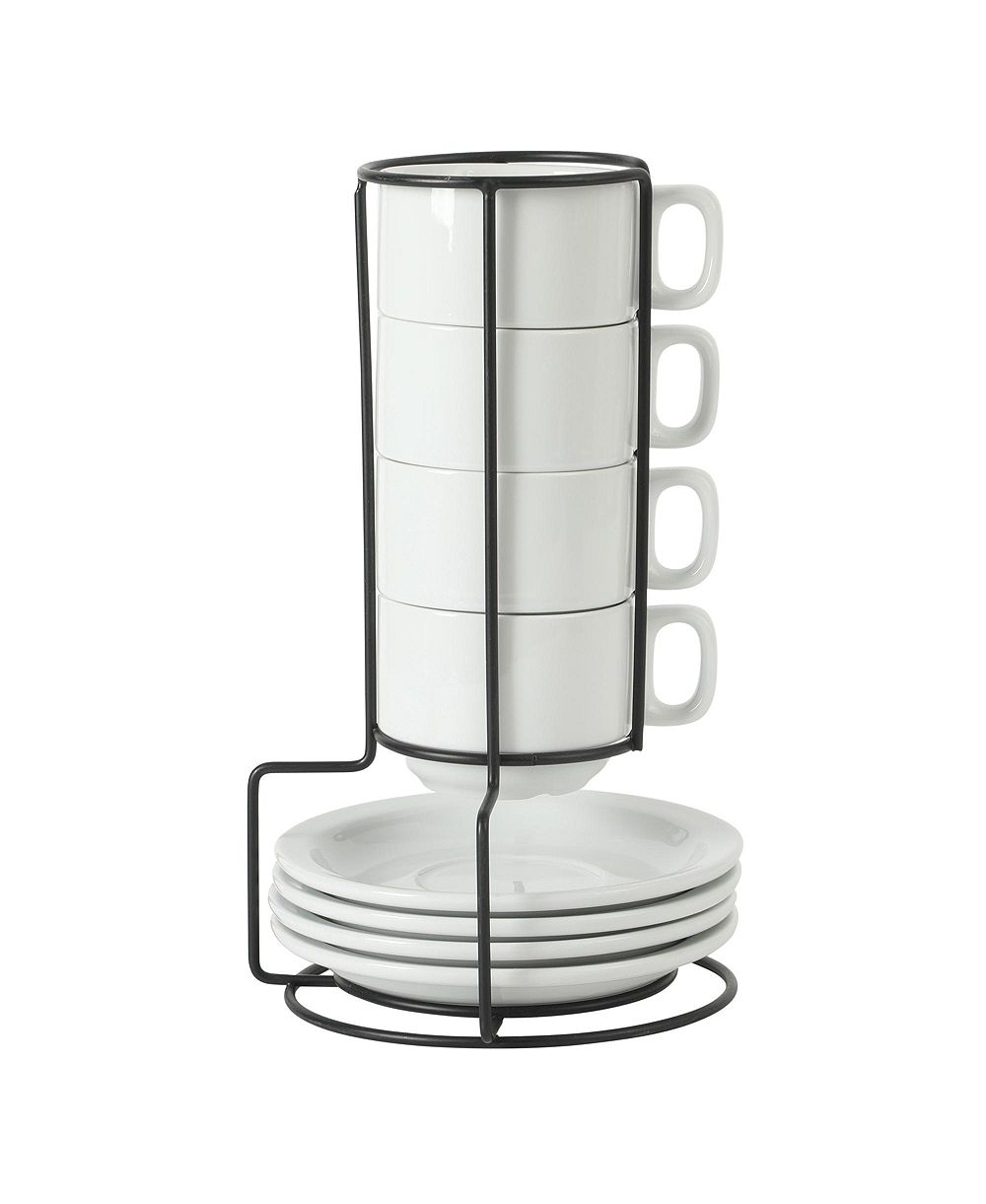 Gibson Home набор из 4stackable чашек для капучино объемом 7 унций, стопки чашек для кофе с 4 блюдцами, металлическая подставка