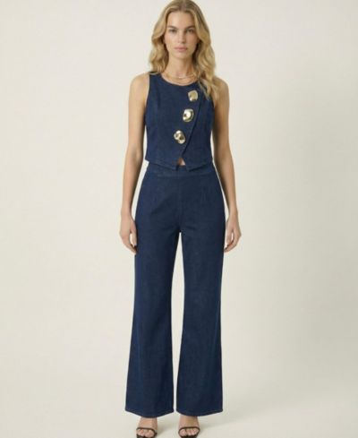 Modenaire Women's Denim Vest Top And Wide-Leg Pant Set
