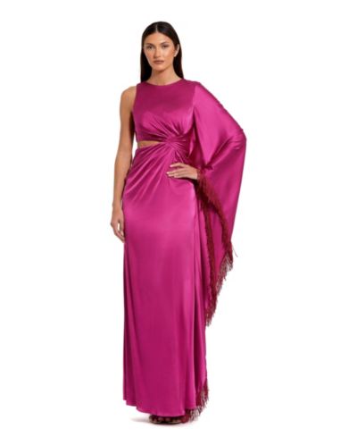 Женское вечернее платье Mac Duggal Charmeuse Kaftan Sleeve Assymetrical Fringe
