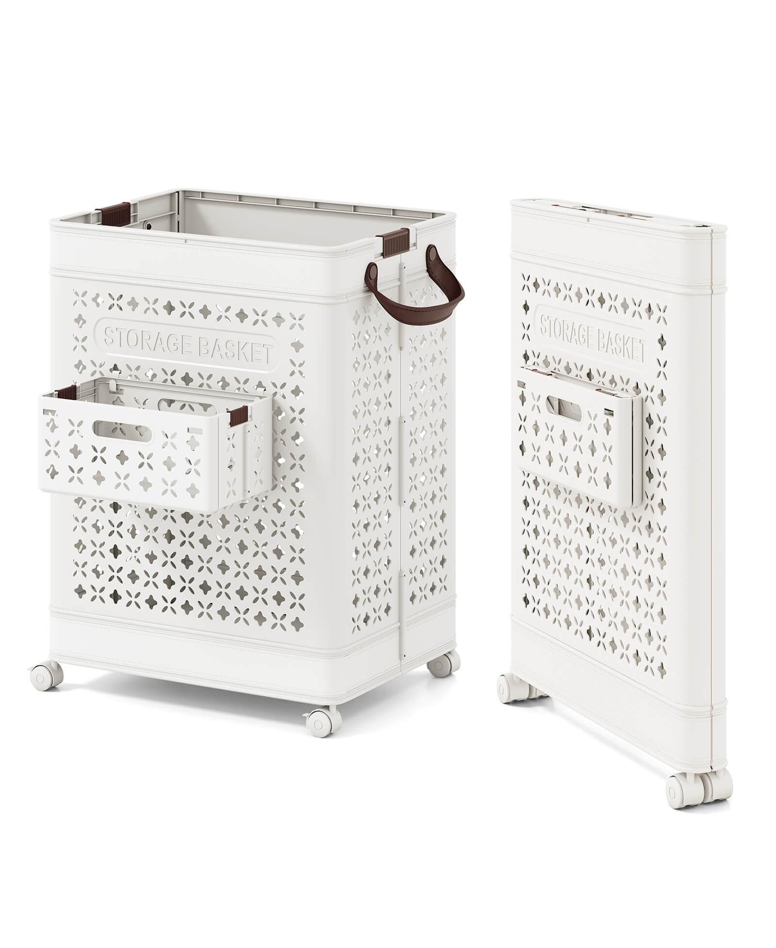 Costway Collapsible Laundry Basket Movable Laundry Cart with Side Basket, Lockable Wheels