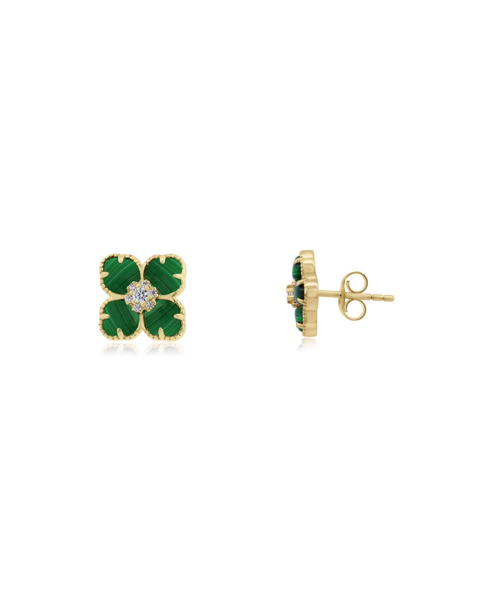 The Lovery Malachite CZ Flower Stud Earrings 14K Gold-Plated Sterling Silver