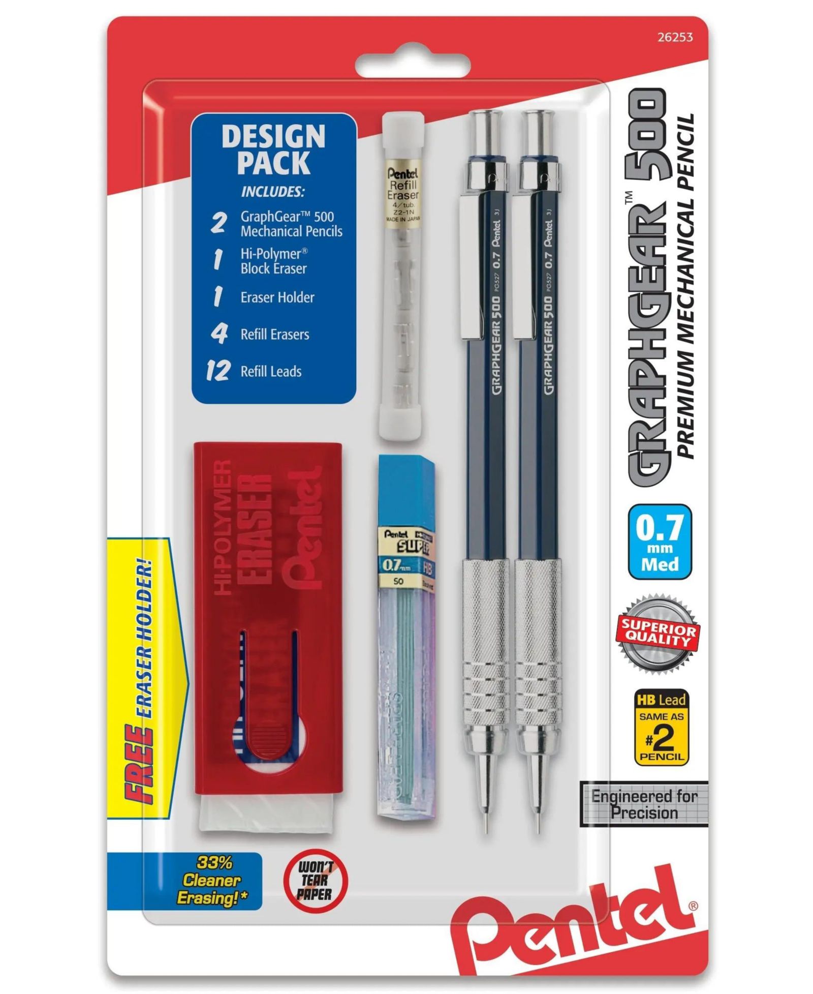 Pentel GraphGear 500 автоматический карандаш для черчения (0.7mm), запасной ластик и большой ластик с держателем