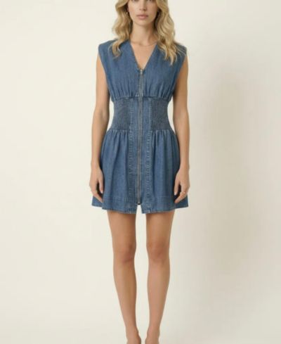 Modenaire Women's Denim Cap-Sleeve Smocked-Waist Mini Dress