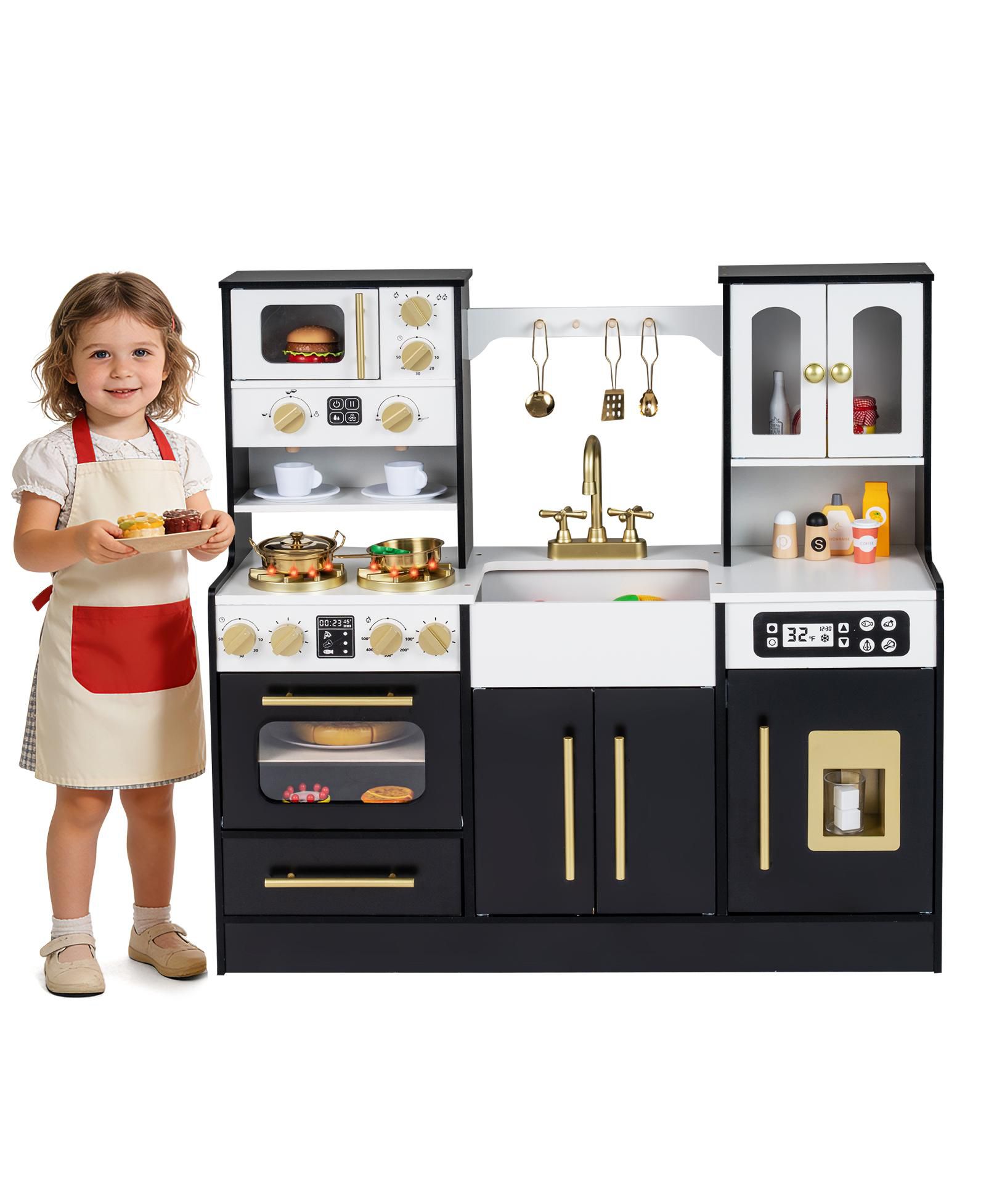 Gymax Wooden Kitchen Playset with Lights and Sounds, Ages 3+
