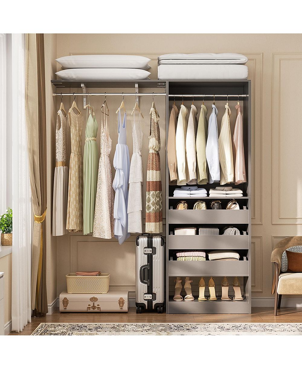 Aheaplus 5 feet Wall Mounted Closet System with Drawers and Shelves, Sturdy Closet Rack with 2 Hanging Rods for Closet/Bedroom