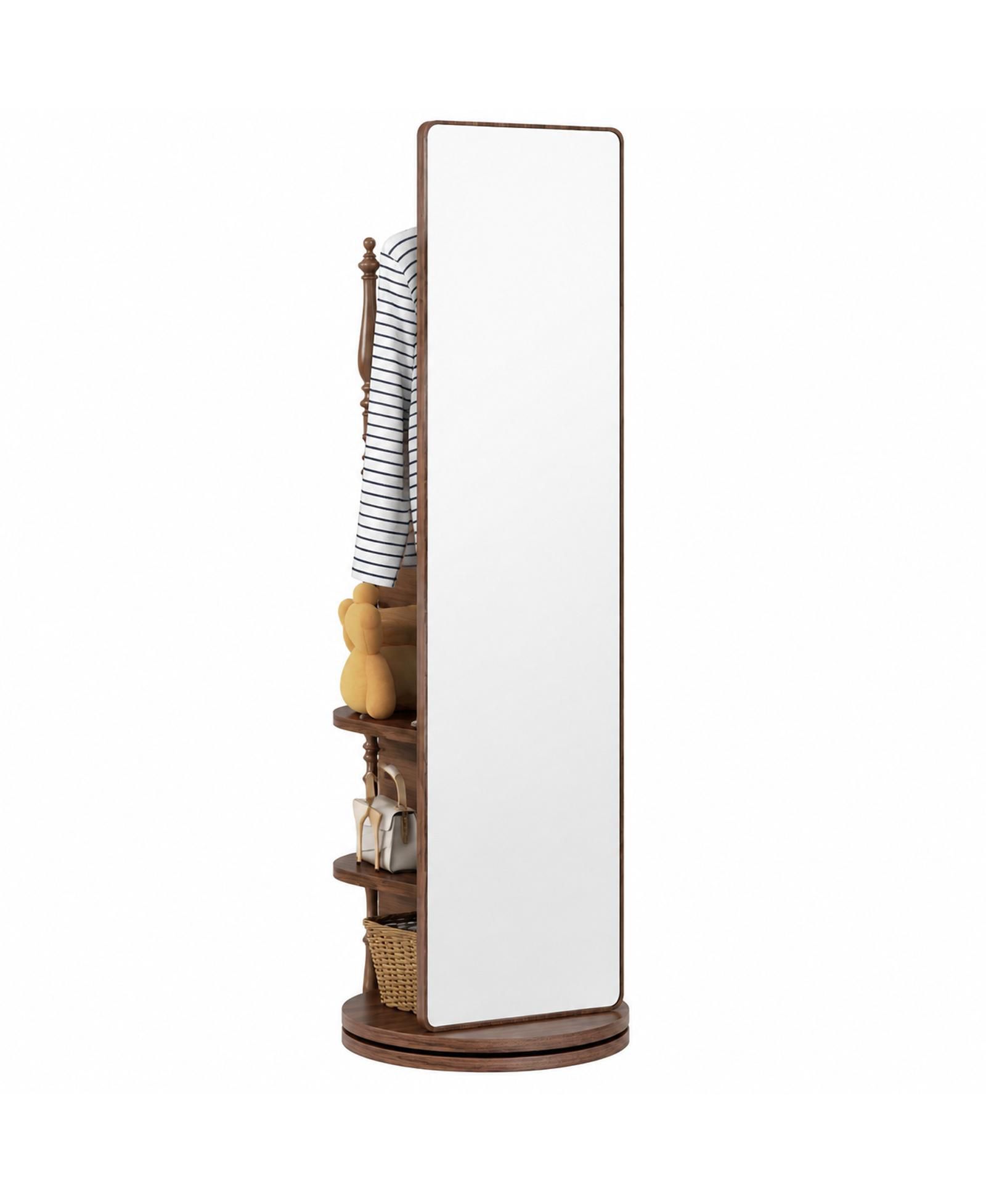 PHYING walnut 360° rotating full-length mirror with solid wood frame, hook storage rack, and coat rack, perfect for bedroom or living room use.