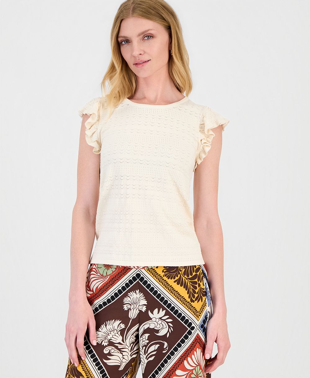 T Tahari Women's Flutter-Sleeve Pointelle-Knit Top