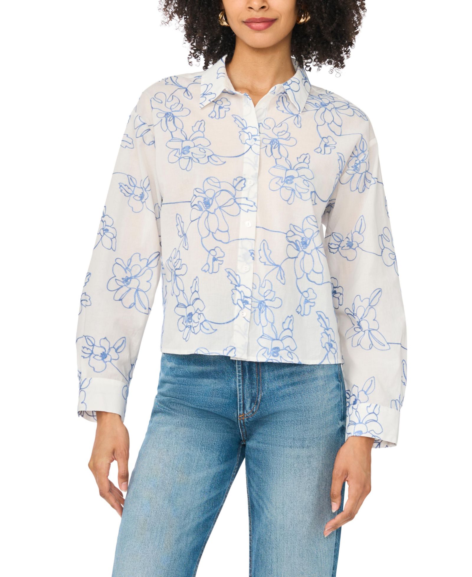 Vince Camuto Women's Cropped Embroidered Button-Down Blouse