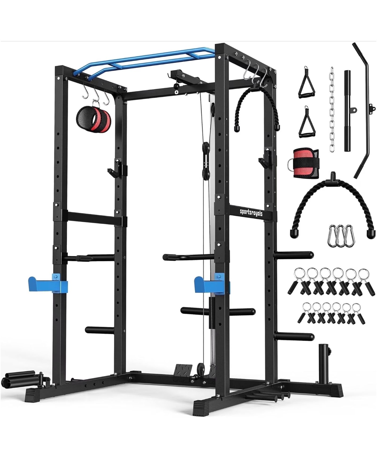 FED FITNESS 1200LBS Power Rack with Pulley System and LAT Pulldown, Multi-Functional Squat Rack Cage with J-Hooks for Home Gym