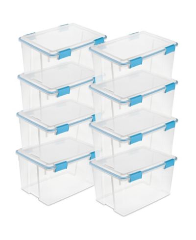 Sterilite 54-Qt Clear Plastic Stackable Storage Bin w/ Gasket Latch Lid, 8 Pack