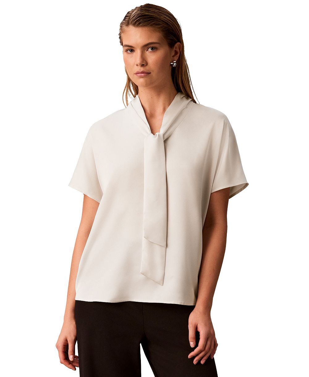 Блузка Calvin Klein Petite Matte Satin Tie-Neck
