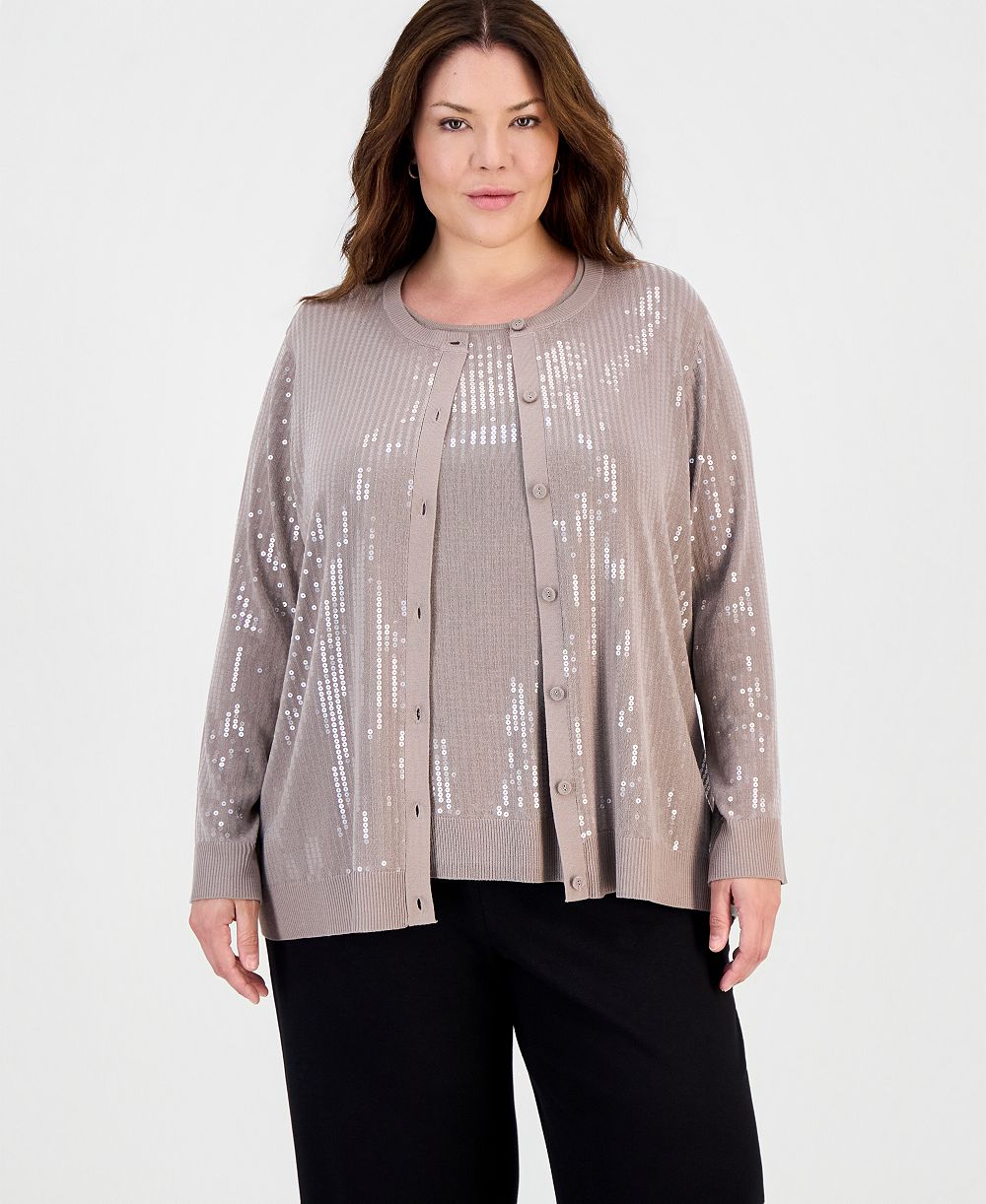 Anne Klein Plus Size Sequin-Front Crewneck Cardigan