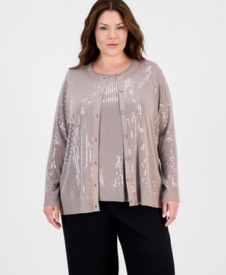 Anne Klein Plus Size Sequin-Front Crewneck Cardigan
