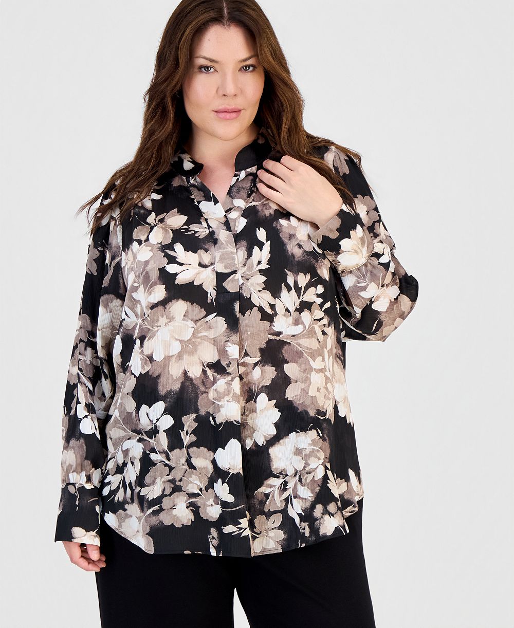 Anne Klein Plus Size Band-Collar Popover Blouse
