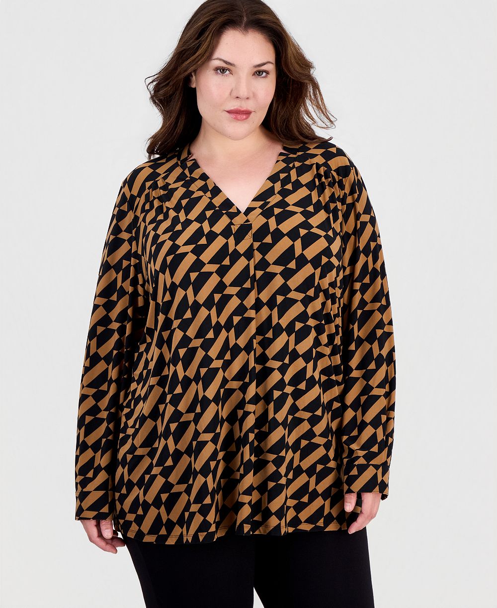 Anne Klein Essentials Plus Size Long-Sleeve V-Neck Geometric Blouse