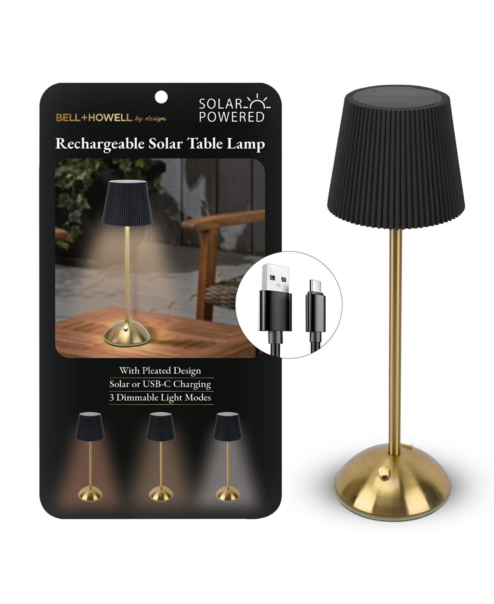 Bell + Howell Rechargeable Solar Tight Pleated Design Portable Indoor Outdoor LED Dimmable Modes Table Lamp