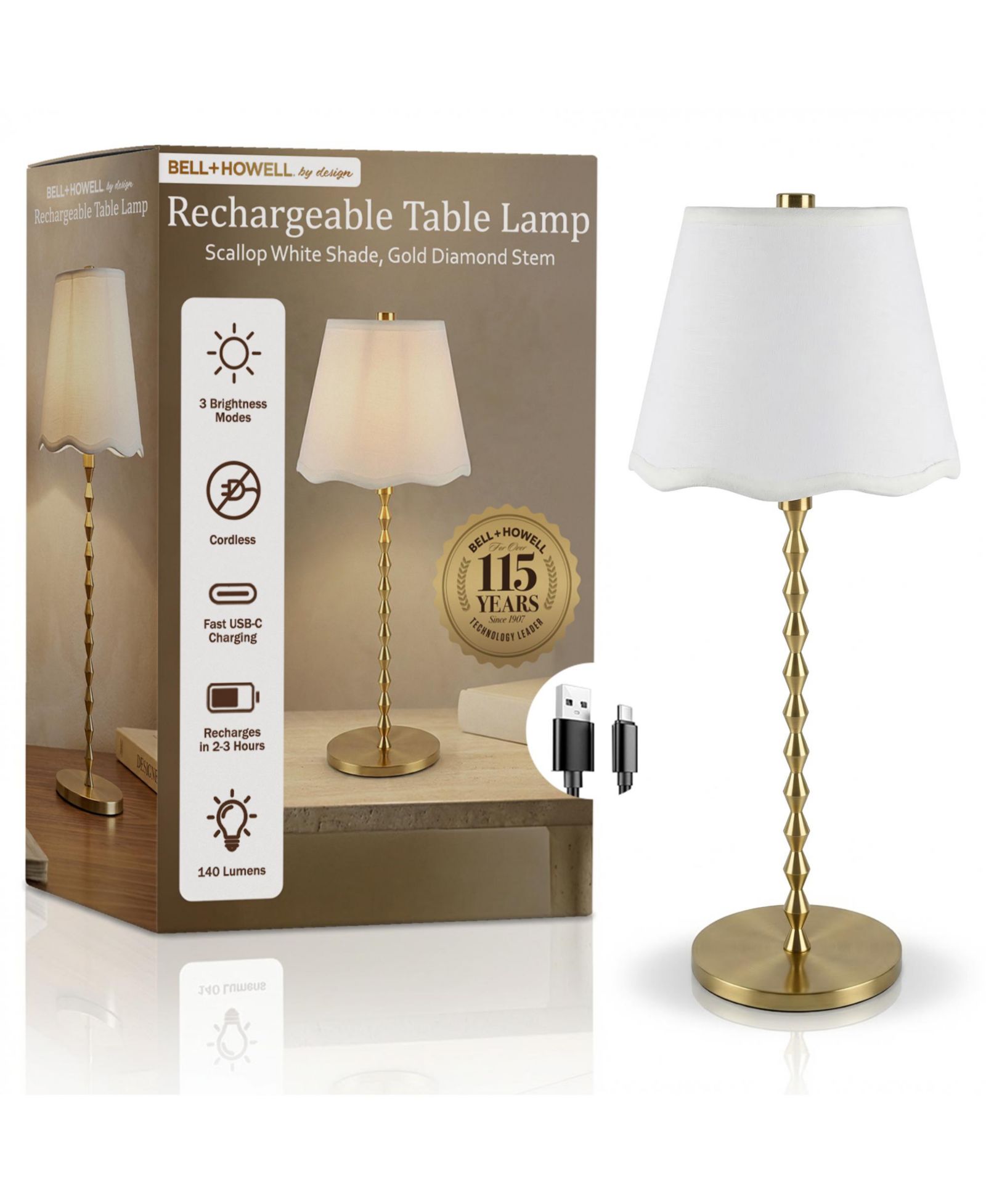 Настольная лампа Bell + Howell Stem Scallop Shade Rechargeable Touch Control LED Dimmable Cordless