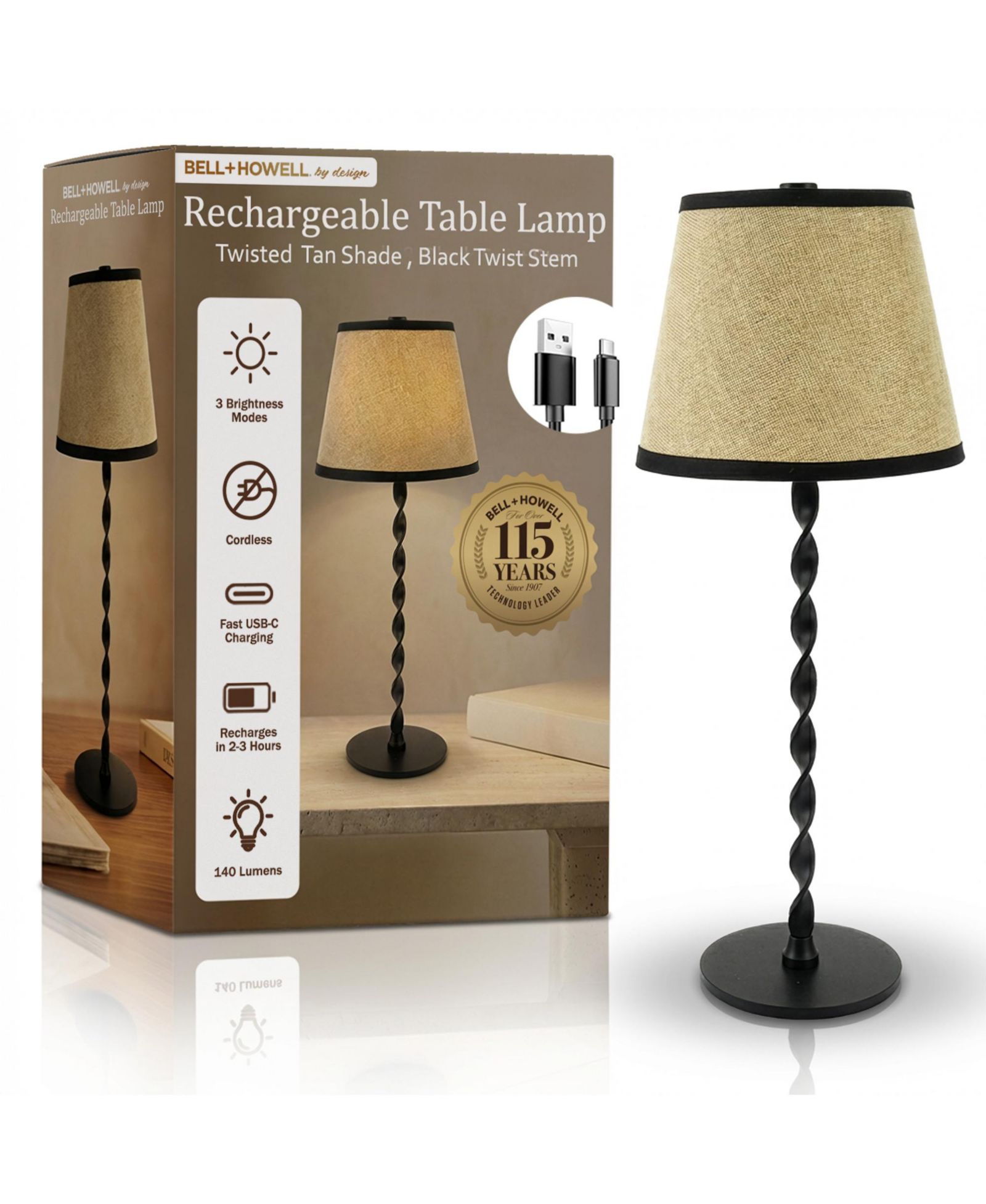 Bell + Howell Twist Stem Twisted Linen Shade Rechargeable Touch Control LED Dimmable Cordless Table Lamp