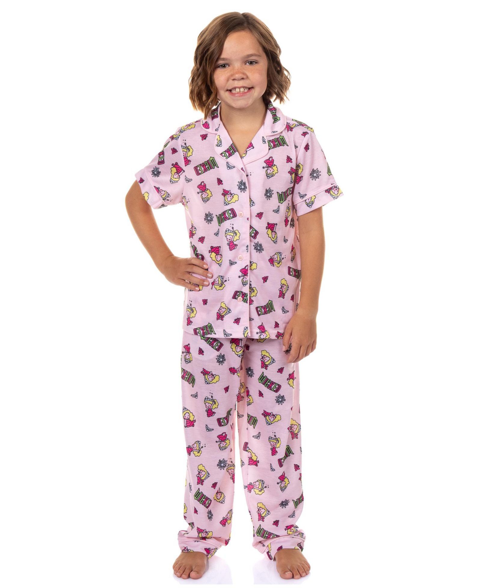 Wicked Pajamas Girls' Kids Glinda Chibi Crown Butterfly 2PC Coat Front Pajama Pant Set