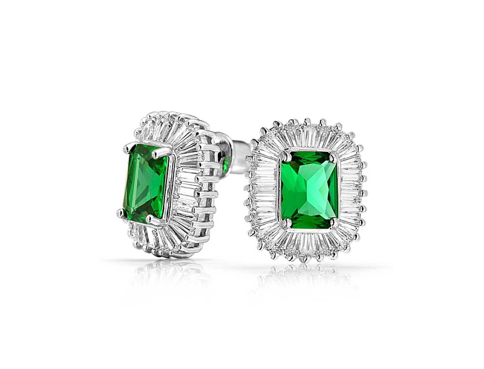 Серьги-гвоздики Bling Jewelry в стиле ар-деко с изумрудно-зелеными камнями CZ Baguette Halo Emerald Green