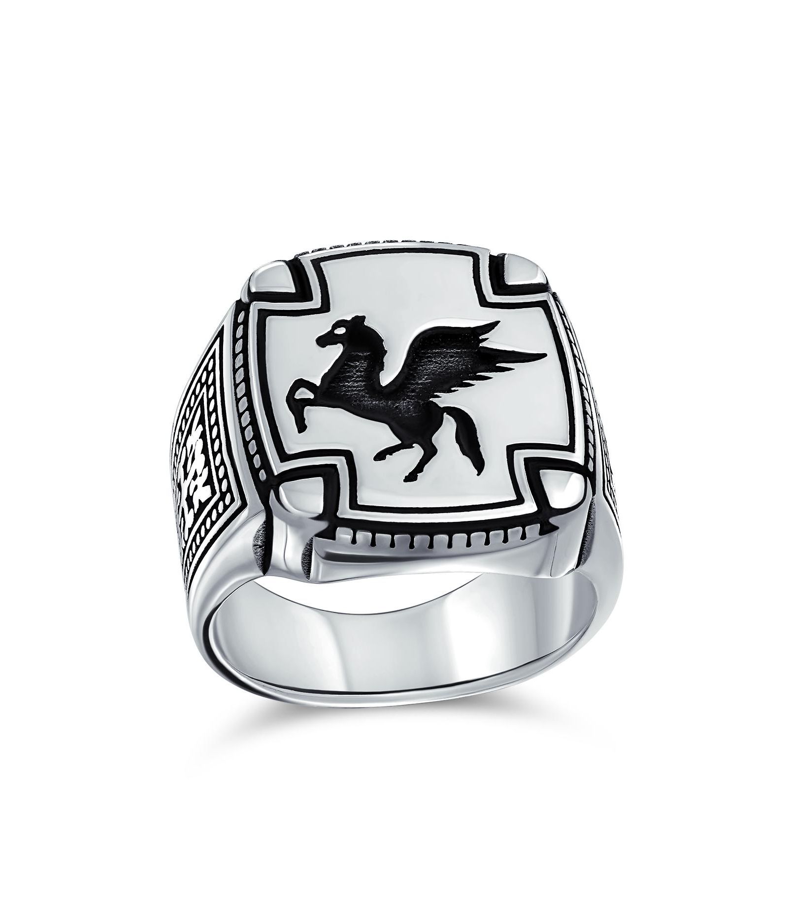 Bling Jewelry Men's Statement Pegasus Signet Ring Greek Mythical Horse Oxidized .925 Sterling Silver