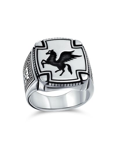 Bling Jewelry Men's Statement Pegasus Signet Ring Greek Mythical Horse Oxidized .925 Sterling Silver