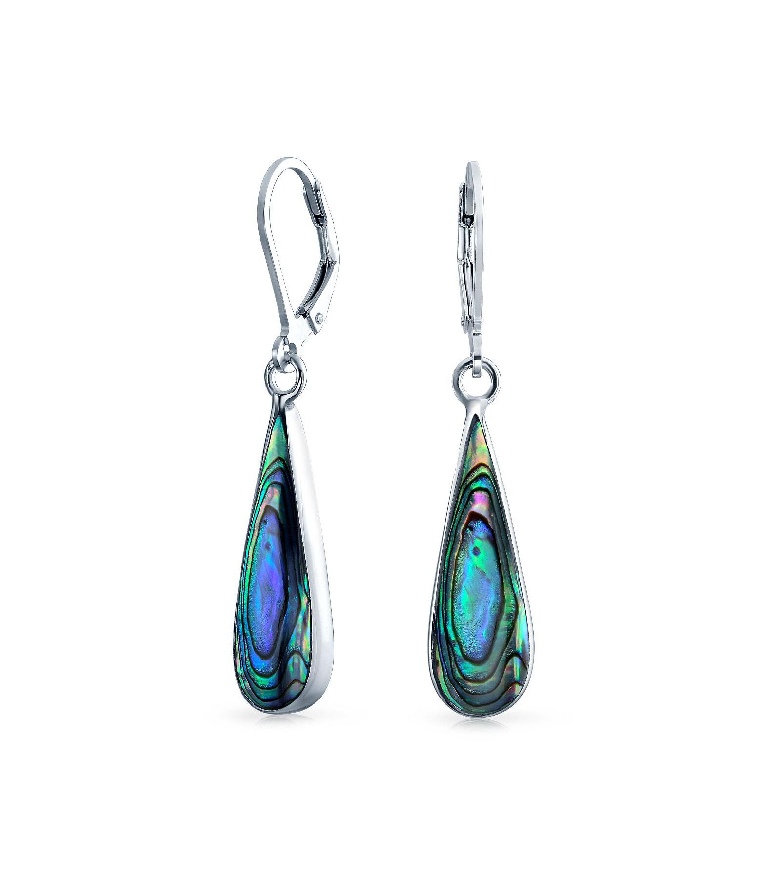 Bling Jewelry Iridescent Rainbow Abalone Shell Long Teardrop Dangle Earrings .925 Sterling Silver Lever Back