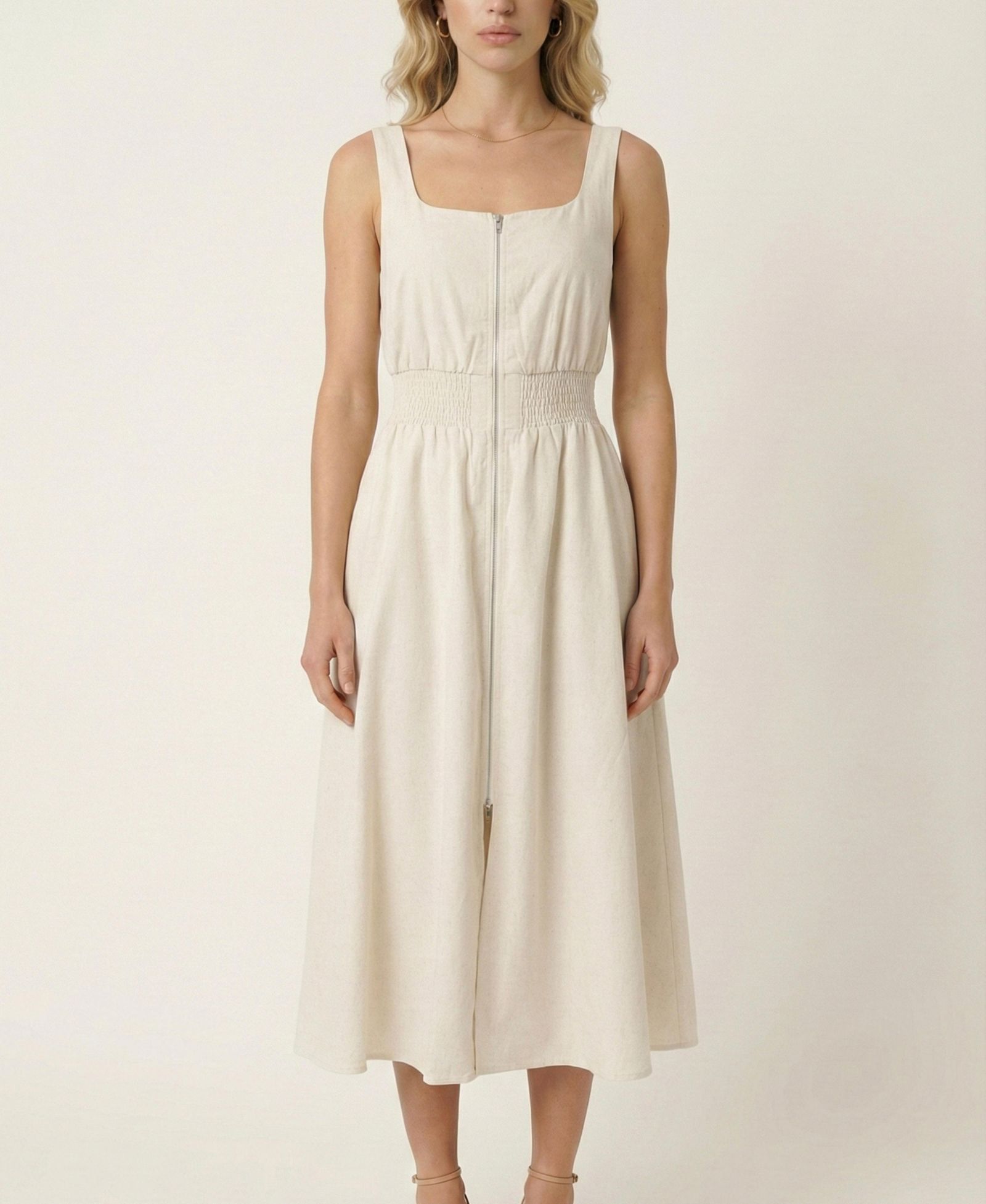 Modenaire Women's Sleeveless Smocked-Waist Front-Zip Slit Midi Dress