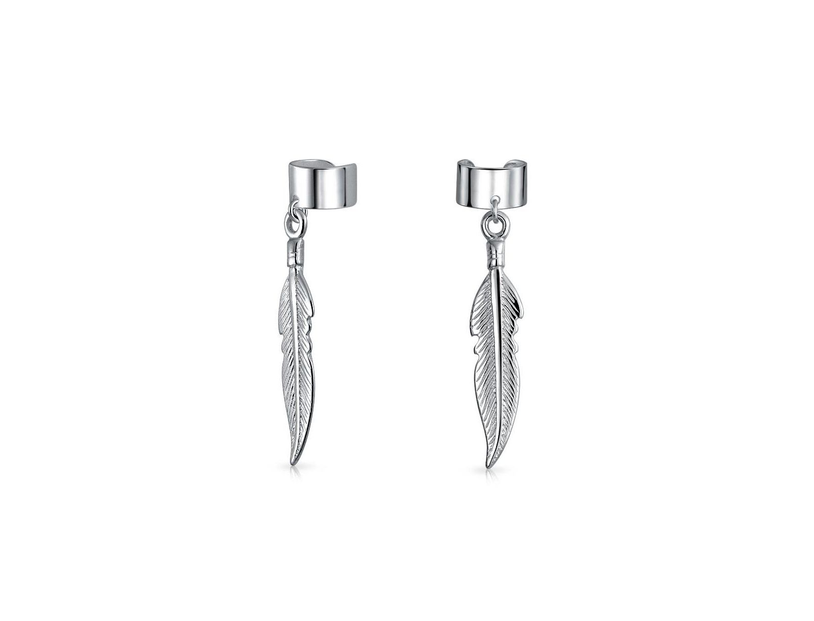 Bling Jewelry Feather Ear Lobe Earrings Dangling Leaf Cartilage Cuff Earrings .925 Sterling Silver