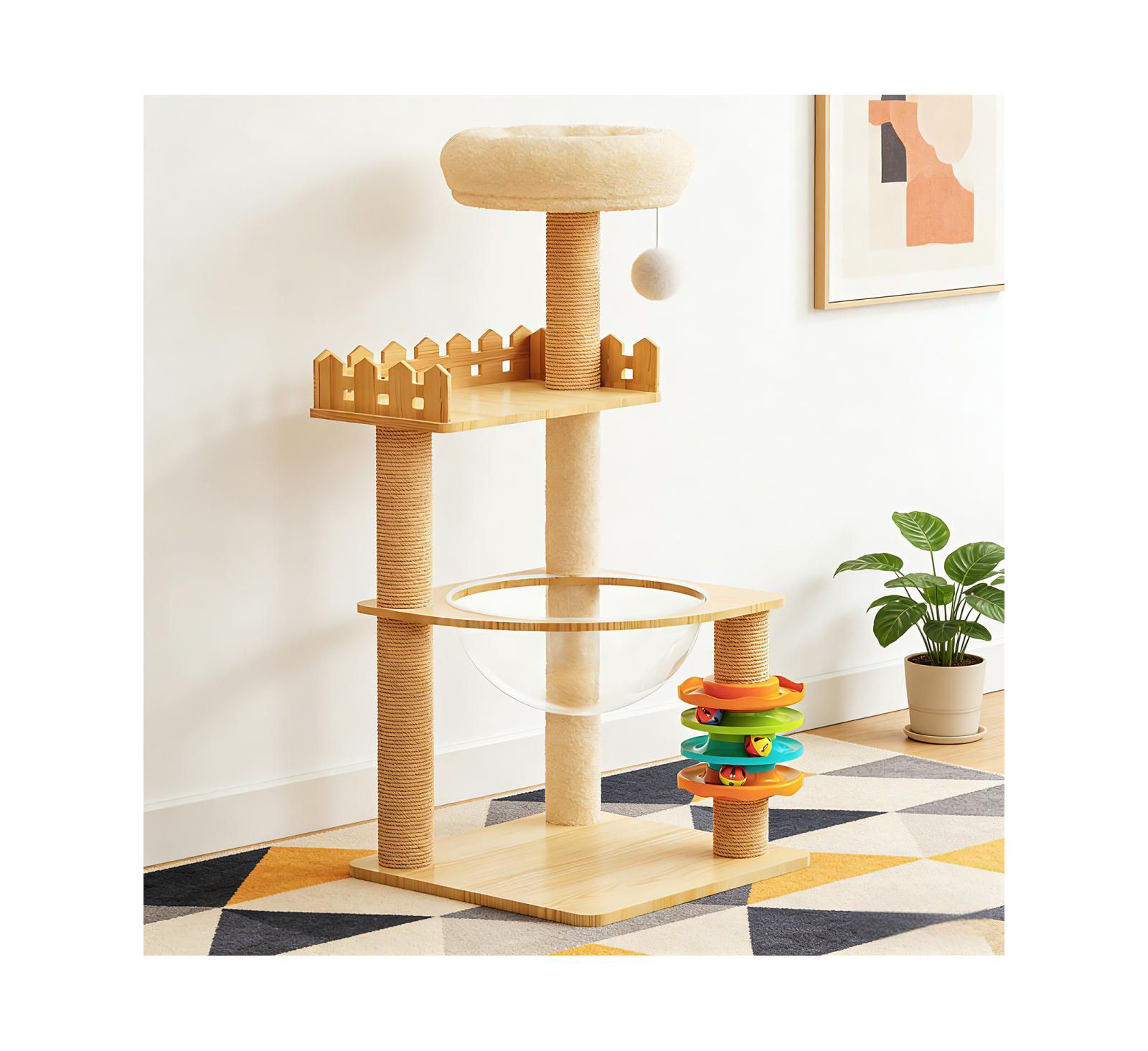 Streamdale Furniture современное деревянное кошачье дерево с когтеточками из сизаля, домиком и акриловым гамаком, 39.3"