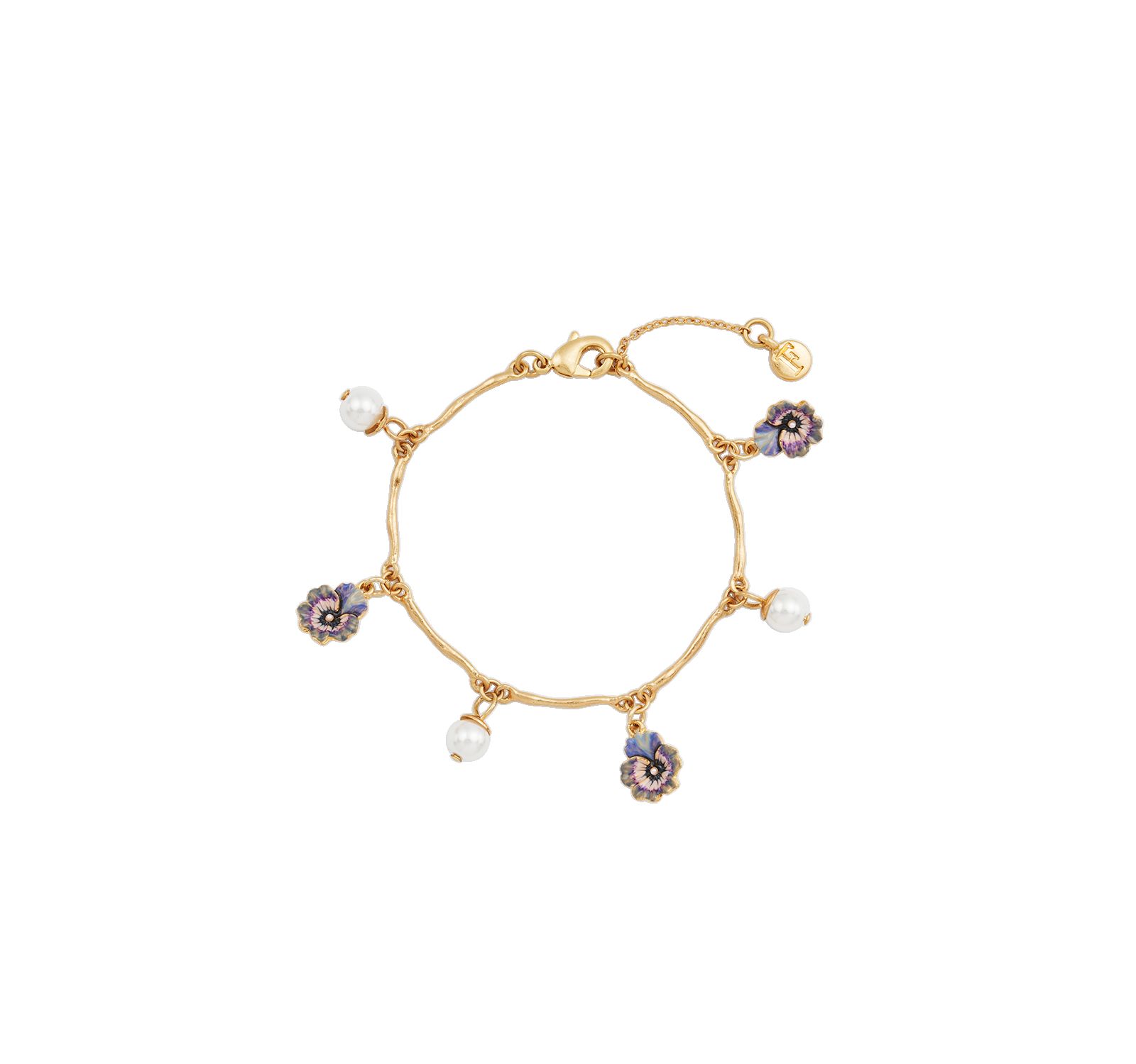 Fable England Gold Pansy and Pearl Charm Bracelet