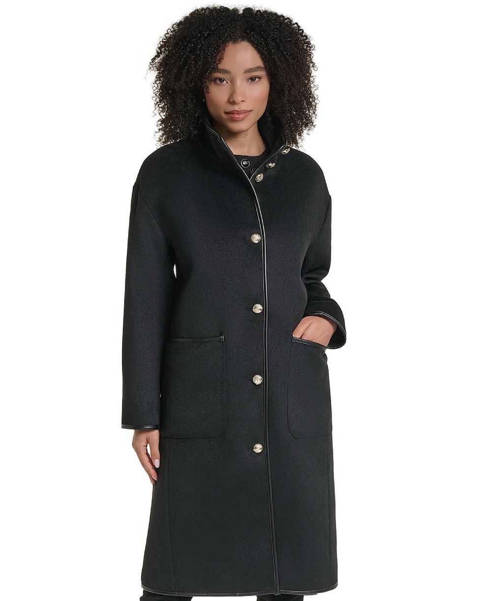 Karl Lagerfeld Paris Women's Wool-Blend Faux-Leather Trimmed Funnel Neck Long Coat
