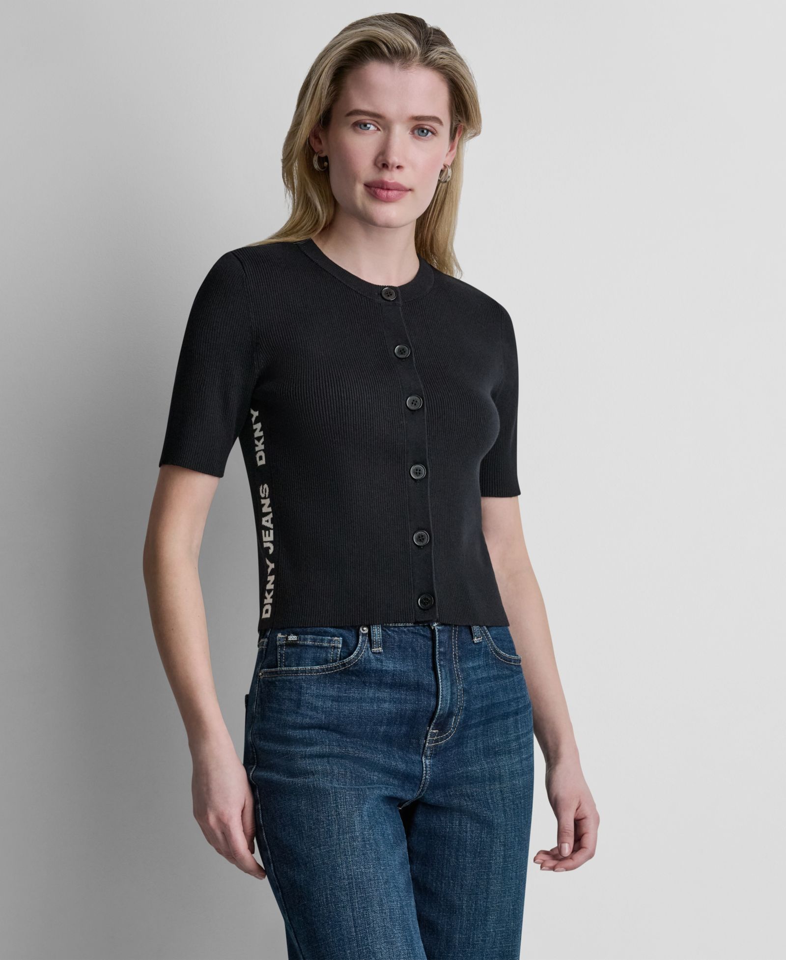 DKNY Jeans Women's Side Logo Button-Front Elbow-Sleeve Crewneck Sweater