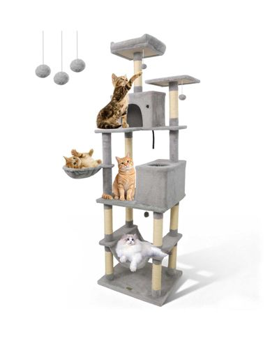 Gymax Tall Cat Tree 2 Condos Sisal Scratching Posts Plush Perch Hammock Basket