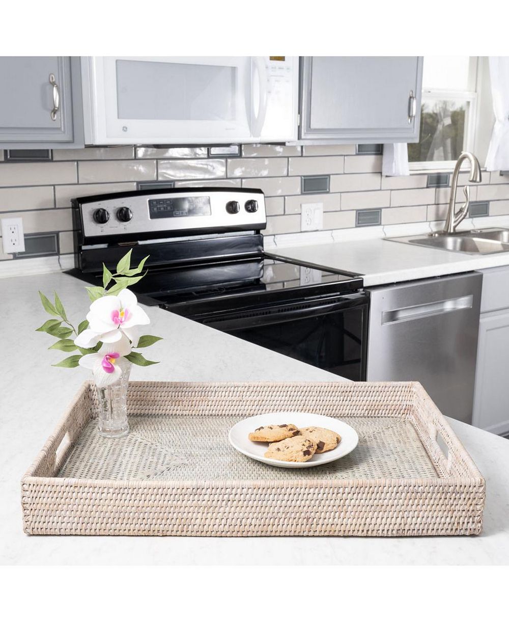 Artifacts Trading Company Rectangular Rattan Tray with Cutout Handles and Glass Insert