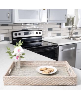 Artifacts Trading Company Rectangular Rattan Tray with Cutout Handles and Glass Insert