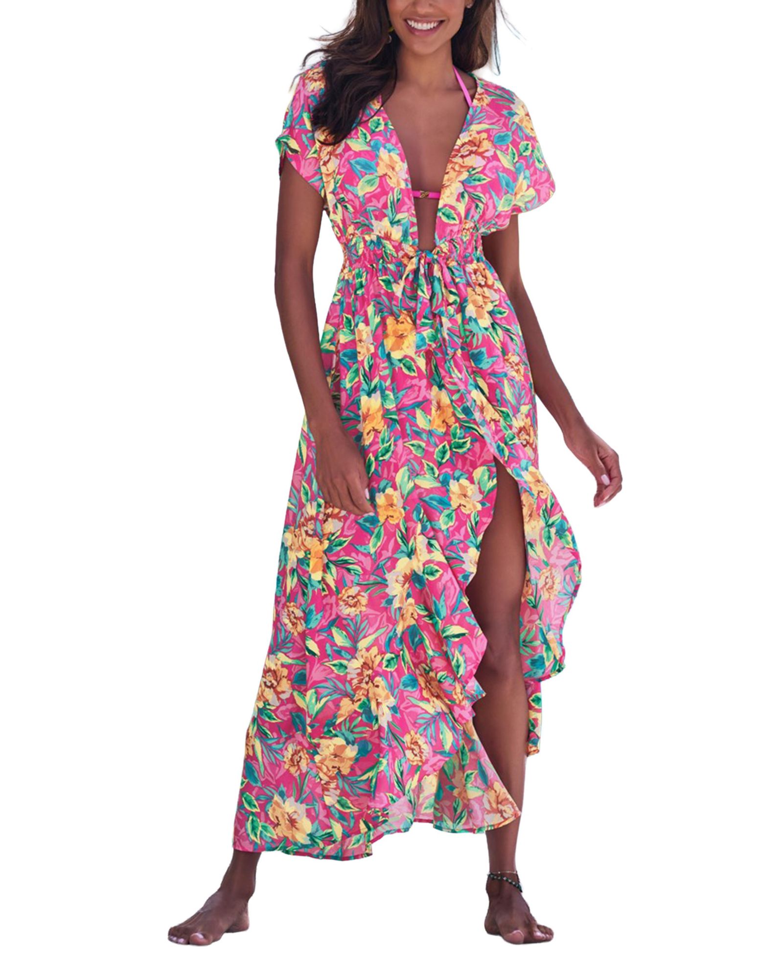 LASCANA Women's Floral Print Flounce Hem Ruffle-Trim Swim Cover-Up